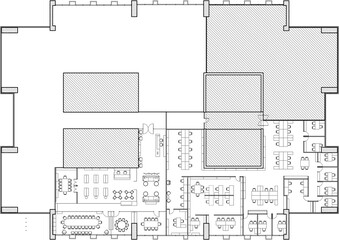 Interior Design Drawing and Modern Furniture Layout for Office Building and Open Space Areas