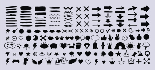 Hand-Drawn Doodle Icons and Arrow Symbols Collection Featuring Brush Strokes, Arrows, Shapes, Emoji