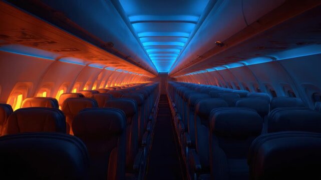 Interior view of an airplane cabin. The seats and overhead compartments are visible, lit with orange and blue lights