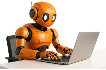 Orange robot sitting at a desk typing on a laptop computer futuristic technology isolated on a transparent background