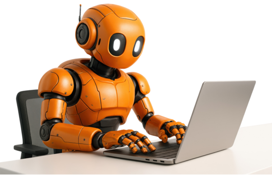 Orange robot sitting at a desk typing on a laptop computer futuristic technology isolated on a transparent background