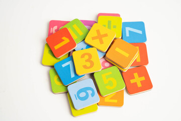 Obraz premium Number wood block cubes for learning Mathematic, education math concept.