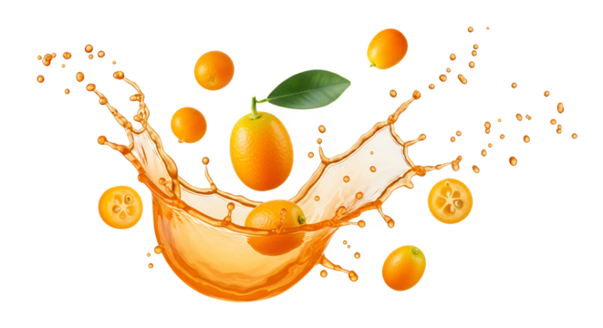 Fresh kumquats splashing into orange juice, a vibrant and refreshing citrus fruit explosion