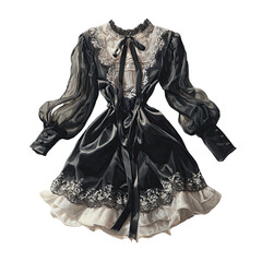 Dark Lolita dress, lace, sheer sleeves, ribbon waist tie