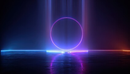 Vibrant photo of neon illuminated stage with circle and reflective floor, futuristic design