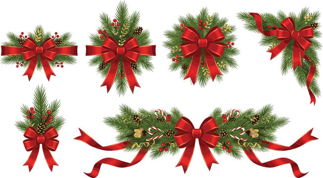 A festive set of Christmas decorations with elegant red bows, lush pine branches, and holly berries for holiday greetings