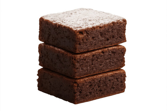 Stacked chocolate brownies dusted with powdered sugar, creating a delicious fudgy dessert. Food is on a transparent background