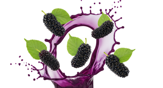 Fresh Blackberries splashing into purple liquid, surrounded by green leaves, isolated on white background, capturing vibrant motion