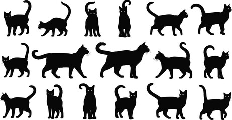 Vector collection of black cat silhouettes, cute pet animal icons, walking and sitting kitten figures for Halloween decoration, isolated white background illustration set design