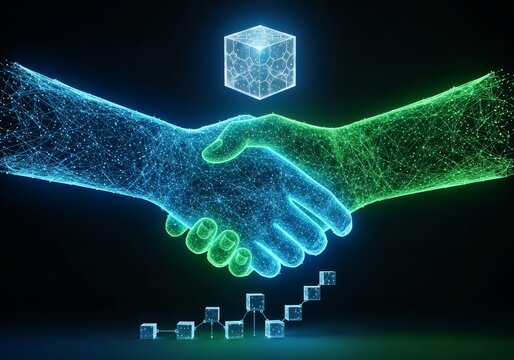 A digital handshake with floating cube and connected cubes forming an upward trend on black ground