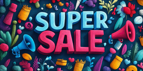 A vibrant, colorful graphic promoting a "Super Sale," featuring decorative elements like flowers and megaphones against a dark background.