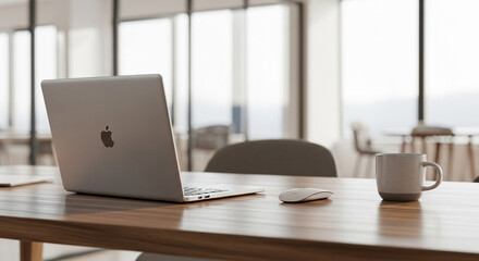 Open Laptop Computer and Coffee Mug on Wooden Desk notebook technology