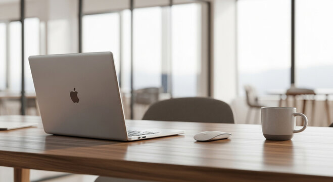 Open Laptop Computer and Coffee Mug on Wooden Desk notebook technology