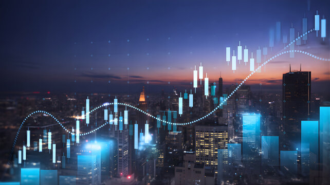 Global financial market data overlaying a modern futuristic city skyline at night, symbolizing economic growth, business success, and technological advancement in urban development