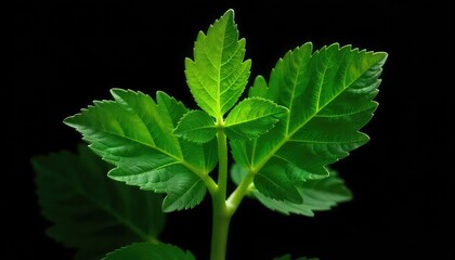 A close up of a vibrant green leafy plant against a stark black background in a studio setting