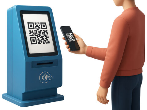 Person Scanning QR Code on a Payment Terminal with Smartphone mobile isolated on a transparent background