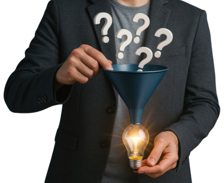 Person in a suit using a funnel to filter question marks into a lightbulb idea isolated on a transparent background