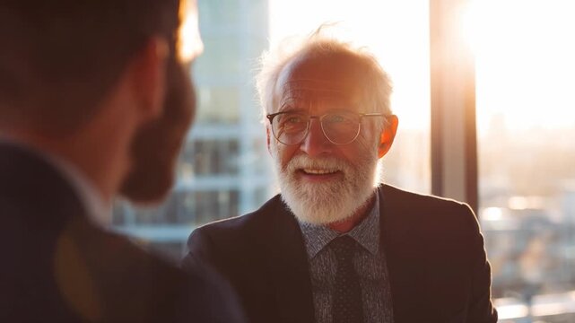 Collaboration with Sunlight: A warm moment of professional interaction in a bright office, with focused light setting the atmosphere for partnership and conversation.
