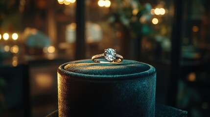 Diamond Engagement Ring on Velvet Box with Sparkling Light and Bokeh Background