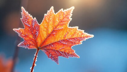 A close up of an orange and red maple leaf covered in frost against a blurred blue background