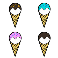 三角コーンにバニラアイスをのせ チョコソースをかけた可愛いスイーツイラスト_4種セット(ナッツ、イチゴ、ミント、ノーマル)