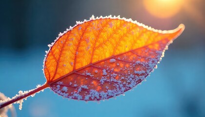 A close up of a single orange leaf covered in frost with a blue background and a bright light source