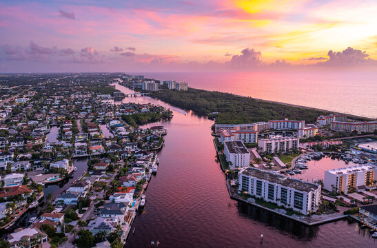 Boca Raton Florida Intracoastal Waterway Sunset Aerial View. 