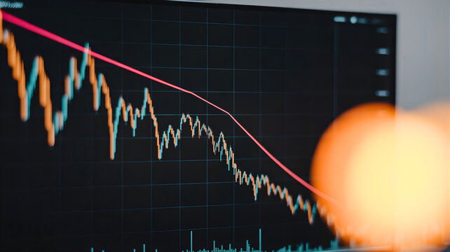 Digital display graph visualizing a significant financial market decline, illustrating a steep downward trend and economic recession concerns with fluctuating data lines