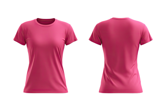 Pink t-shirt, front/back views, isolated on black backdrop