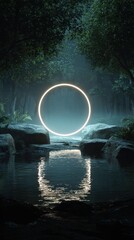Vibrant photo of neon circle reflecting in a dark forest lake with lush green plants