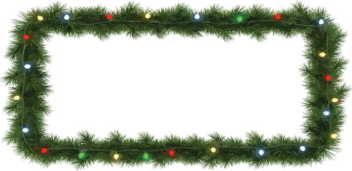 Christmas festive evergreen border frame with colorful lights and a rectangular blank space for text