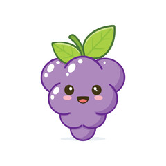 Adorable kawaii grape character. A sweet smiling purple fruit bunch with happy eyes and cute leaves. Vector illustration icon
