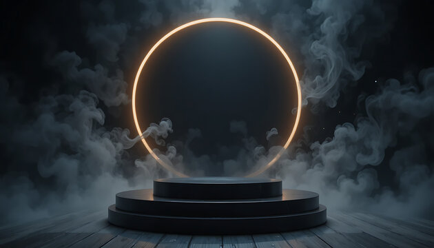Mysterious glowing ring above dark podium with smoke