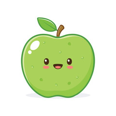 Cute Kawaii Green Apple Character with a Smiling Face, Adorable Fruit Icon