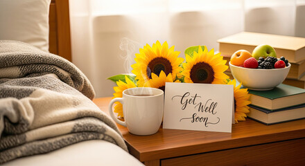 A cozy bedroom scene with a bed, a cup of coffee, a bowl of fruit, and a card that says 'Get Well Soon'. The setting is warm and inviting.