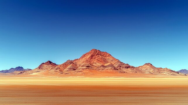 A wide, flat desert plain stretches towards a range of arid, rocky mountains under a bright, cloudless blue sky.