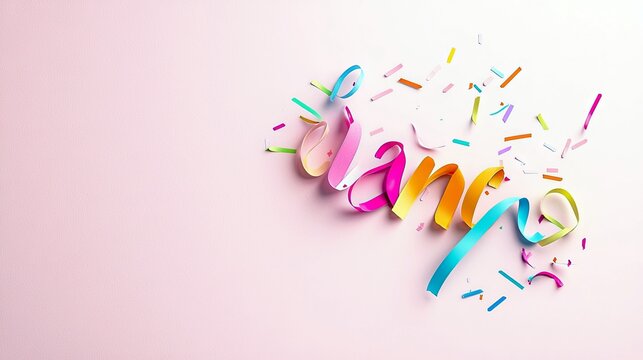 The word "dance" is spelled out in colorful, flowing ribbons with confetti scattered around on a soft pink background. - Powered by Adobe