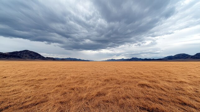 A wide, flat expanse of dry, golden grass stretches towards a distant mountain range under a dramatic, cloudy sky.