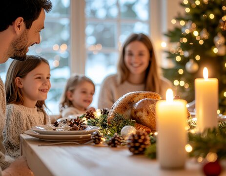 Happy family enjoying a festive Christmas dinner together at home, celebrating the holiday season with delicious food and warm candlelight, creating cherished memories