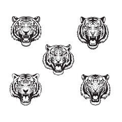 BLACK AND WHITE VECTOR GRAPHICS OF AN ANGRY TIGER HEAD DESIGN ON WHITE BACKGROUND