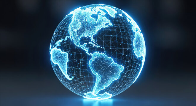 A glowing blue and white digital globe with a glowing blue and white grid pattern, representing the Earth, with a black background. - Powered by Adobe