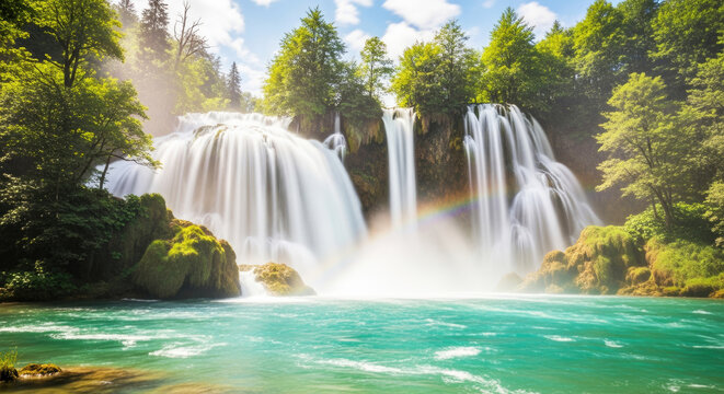 A majestic waterfall cascades over a lush green cliff into a vibrant turquoise pool, with a rainbow arching above the falls.