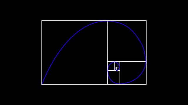 Golden Ratio Spiral and Fibonacci Sequence Squares on Black Background mathematics