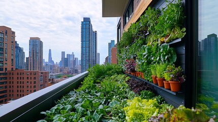 vibrant urban balcony garden features lush, edible leafy greens and herbs against a backdrop of towering city skyscrapers