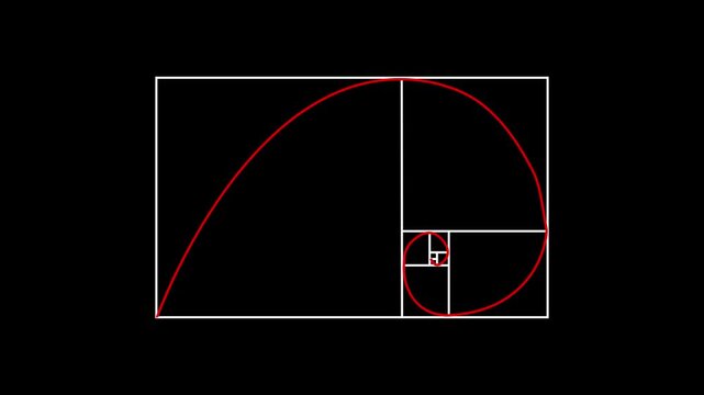 Red Golden Ratio Spiral and Fibonacci Sequence Squares on Black Background mathematics
