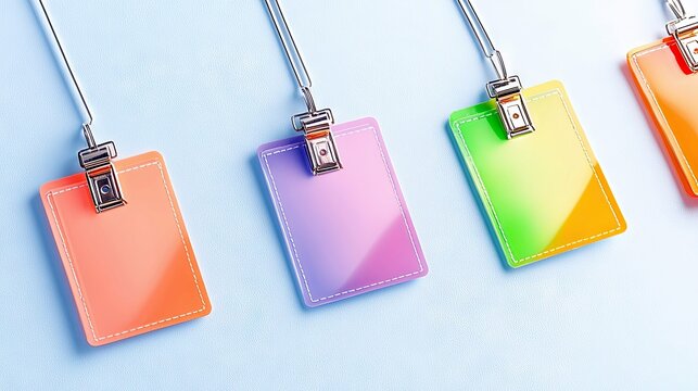 Four colorful, translucent rectangular ID badge holders with white stitching and metal clips hang from thin silver lanyards on a pale blue surface.