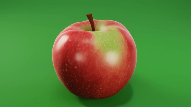 "Glossy red apple with green patch on vivid green background."