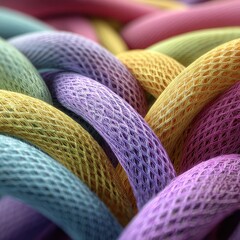 A Crystal Clear photo of ultra detailed close up of interwoven soft mesh fabric tubes in a range of gradient colors 3d render.