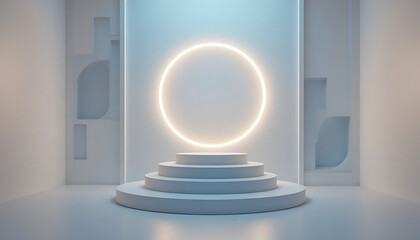 Futuristic neon circle stage with modern architecture