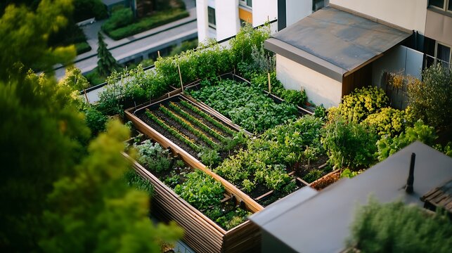 Vibrant rooftop garden in a city, featuring fresh vegetables and herbs in raised beds. Perfect for themes of urban farming, sustainability, and green living